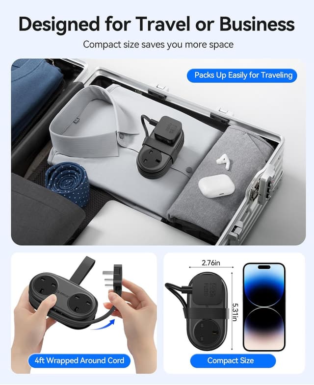 Detalle 2 de ORICO Travel Extension Lead with USB Slots (2 outlets, 3 USB ports, 13A) – rollable power strip for travel and home