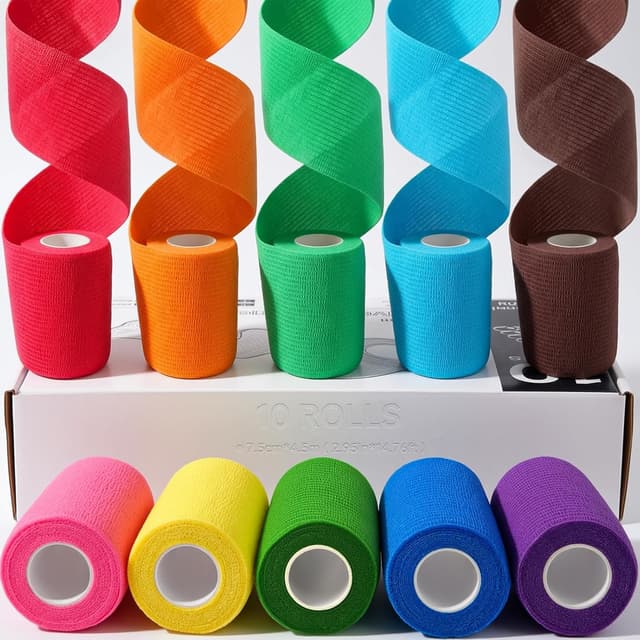 Detalle de HONYAO selbstklebende Kohäsionsbinde – 10 Rollen, 7,5 cm × 4,5 m, elastisch für Erste Hilfe & Sport (10 Farben)