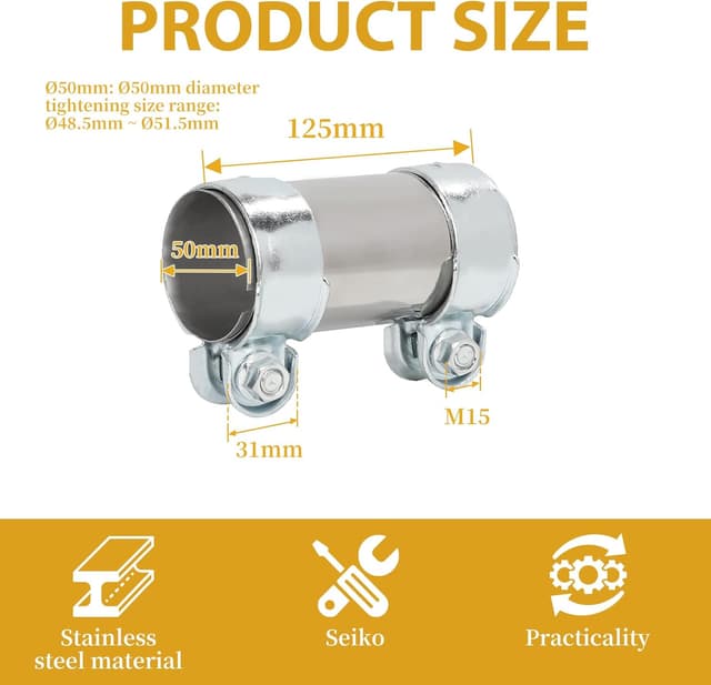 Detalle 2 de LALAGO Doppelschelle Auspuffschelle aus Edelstahl – Rohrverbinder für Ø50 mm, Länge 125 mm