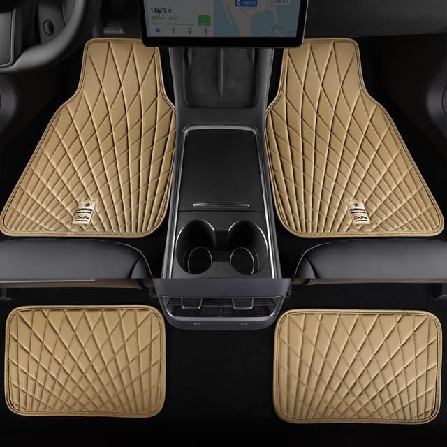Detalle 2 de CAR PASS Luxury Faux Leather Floor Mats (Waterproof, Anti-Slip) — Universal Fit Full Set, 4-Piece Beige