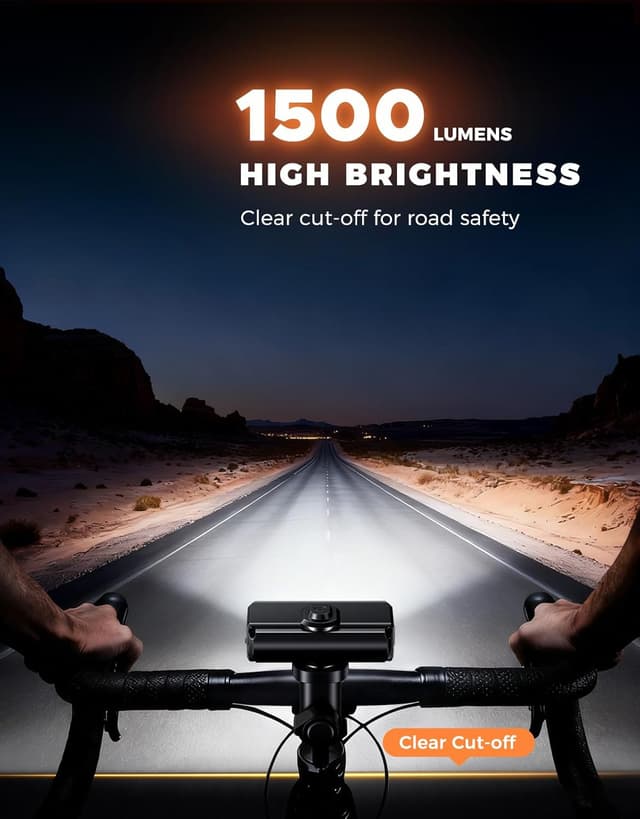 Detalle de EOIWUY bike lights set (1500LM front) with wide beam, 4+5 modes and USB Type-C charging, IP65 waterproof