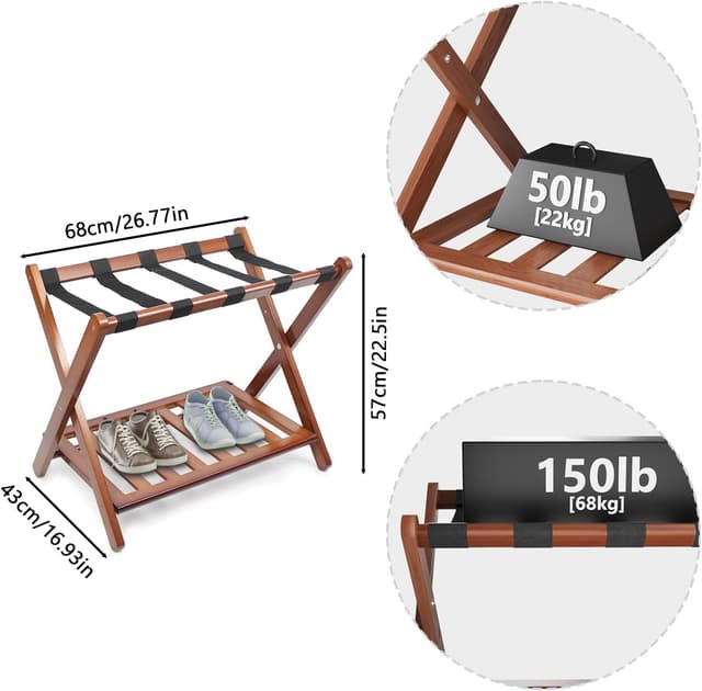 Detalle 2 de Smuxee Fully Assembled Walnut Luggage Rack with Shelf and 5 Nylon Straps (Foldable)