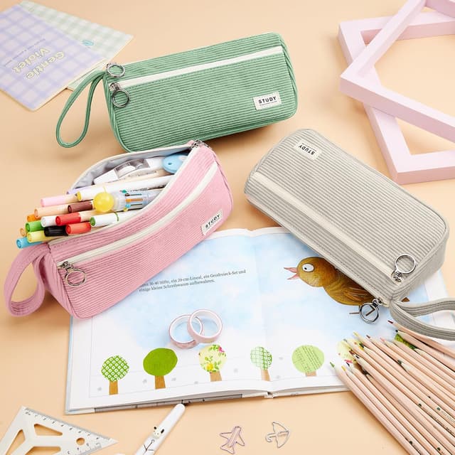 Detalle 2 de KALIDI Cord-stoff Federmäppchen mit 3 Fächern – große Kapazität für Schule & Büro