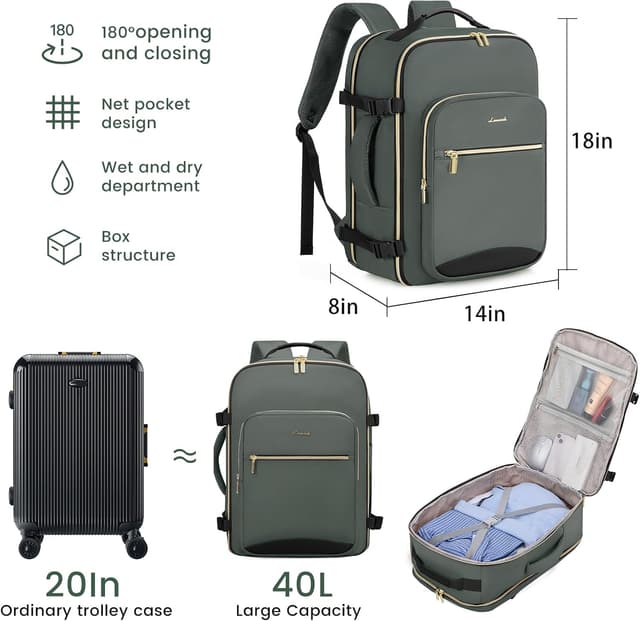 Detalle 2 de LOVEVOOK Handgepäck-Rucksack Flugzeug 40L mit Laptopfach bis 17,3 Zoll