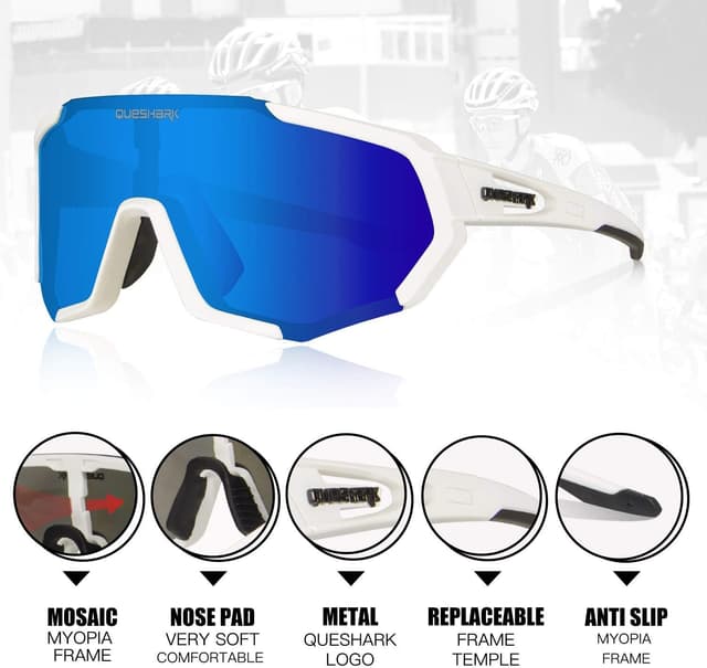 Detalle de Queshark Occhiali Ciclismo Polarizzati con 5 Lenti Intercambiabili (TR90) per corsa, MTB e running
