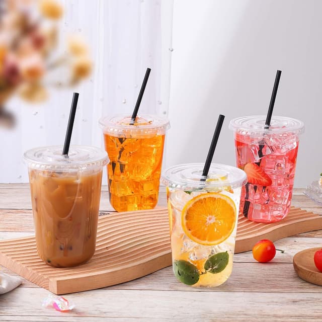 Detalle de tchrules 100 Set 16oz Plastic Cups with Lids and Straws (Clear To-Go Iced Coffee Cups)
