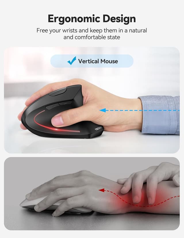 Detalle de TECKNET Ergonomic Vertical Mouse (Bluetooth Rechargeable, 6-button) — Right-handed, 4800 DPI, Silent clicks