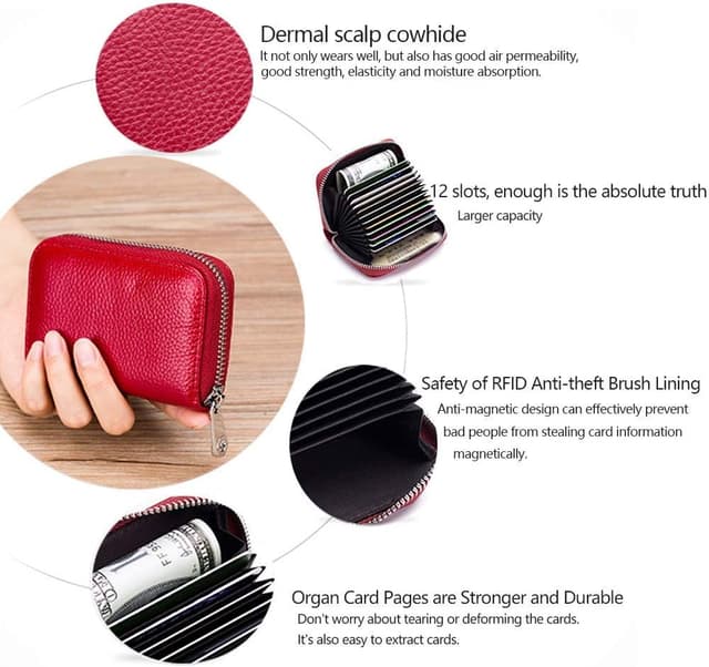 Detalle 2 de Meowoo RFID Blocking Genuine Leather Mini Card Wallet with Zipper