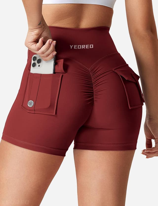 Detalle de YEOREO CoreFlex Scrunch Workout Shorts with Pockets (High-Waisted Biker Shorts for Women)
