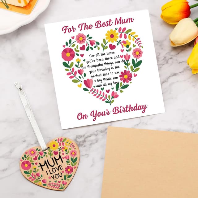 Detalle de TheGiffter Mum Birthday Card with Wooden Heart Plaque Gift Set (150x150mm) + Envelope