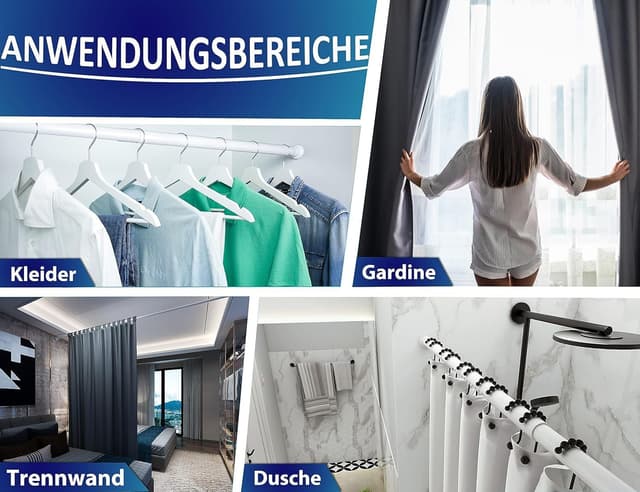 Detalle 1 de MEISENBERG Duschstange ohne Bohren 210–260 cm, weiß – Klemmstange mit Ø 32 mm für Vorhänge, Bad & Balkon