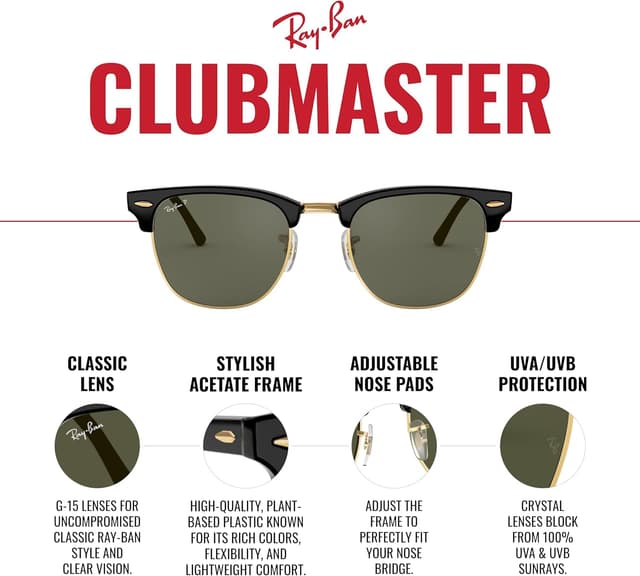 Detalle de Ray-Ban RB3016 Clubmaster Square Sunglasses (Large)