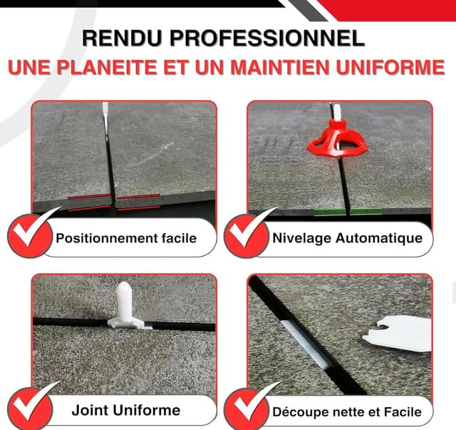 Detalle de Croisillons carrelage autonivelant 3 mm Shaffer pro (200 clips + 100 cadrans réutilisables) pour joints réguliers, 3 à 22 mm