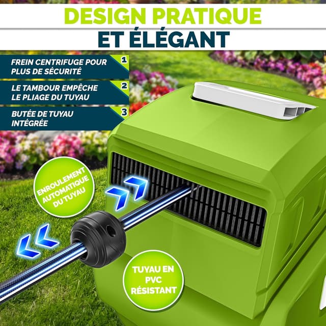 Detalle de tillvex Schlauchtrommel mit Wandhalterung, Handbrause und 9-Funktionen-Wasserpistole (Schlauchaufroller, 30 m, grün)