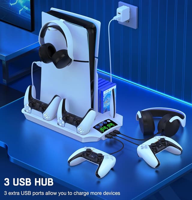 Detalle de HEYLICOOL PS5/PS5 Pro/PS5 Slim Stand Accessories with 3-Level Cooling Fan, Dual Controller Charging & USB Hubs (13 game storage)