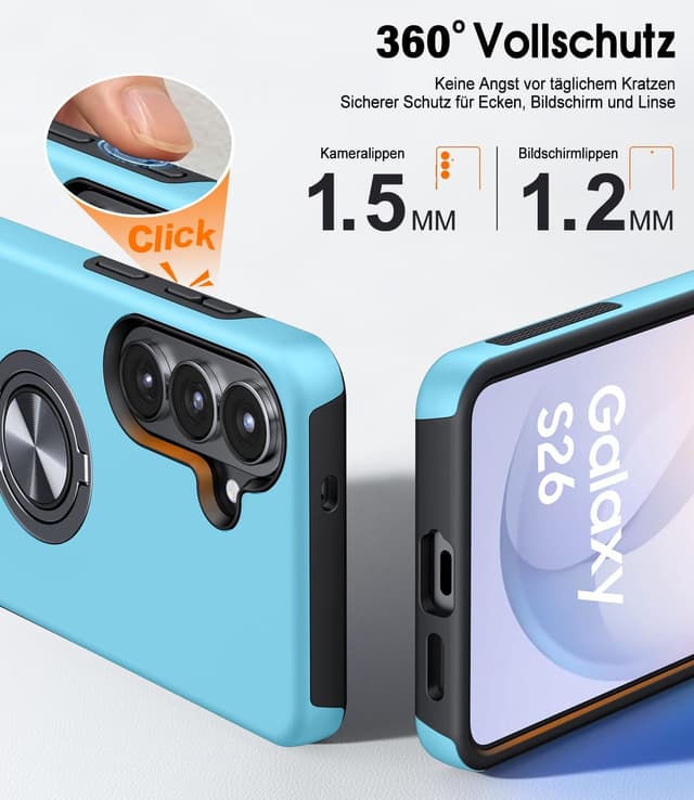 Detalle de AOUIA Schutzhülle für Samsung Galaxy S26 (6,3 Zoll) mit 2x Panzerglas – 3-in-1 Set inkl. 360° Ring-Kickstand
