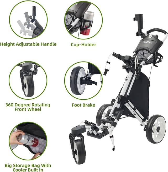 Detalle de FLAGTAG Golf Push Cart (3-Wheel) with 360° Swivel Front Wheel, Foldable Design & Foot Brake