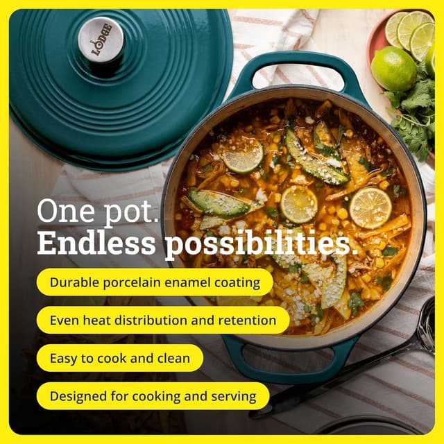 Detalle de Lodge Essential Enamel Cast Iron Dutch Oven (6 Quarts) – Moisture-Sealing Lid, Dual Handles, Lagoon