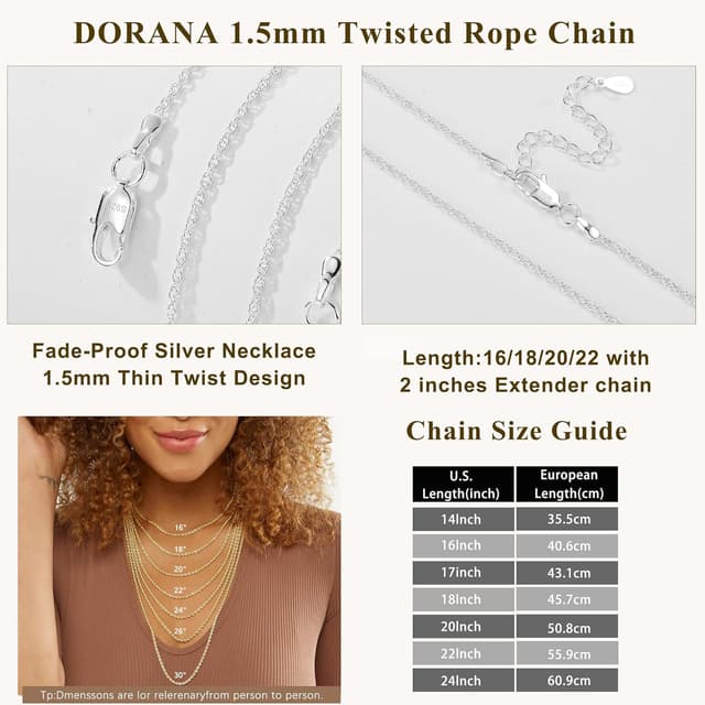 Detalle de DORANA 1.5mm Twisted Rope Silver Chain Necklace (S925 Sterling Silver) — Adjustable Length