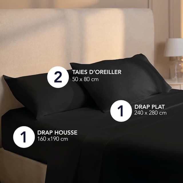 Detalle de Dreamzie Parure de lit 160x200 cm (4 pièces) en microfibre noir certifiée Oeko-Tex