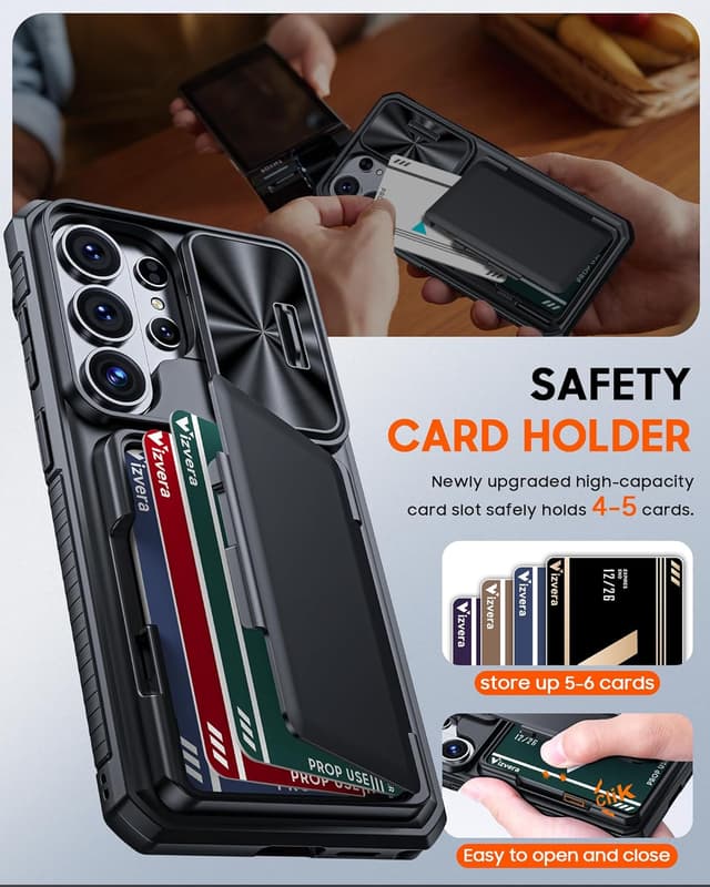 Detalle 2 de Vizvera Galaxy S26 Ultra Case with Sliding Camera Cover, Card Wallet & RFID Protection (Black)