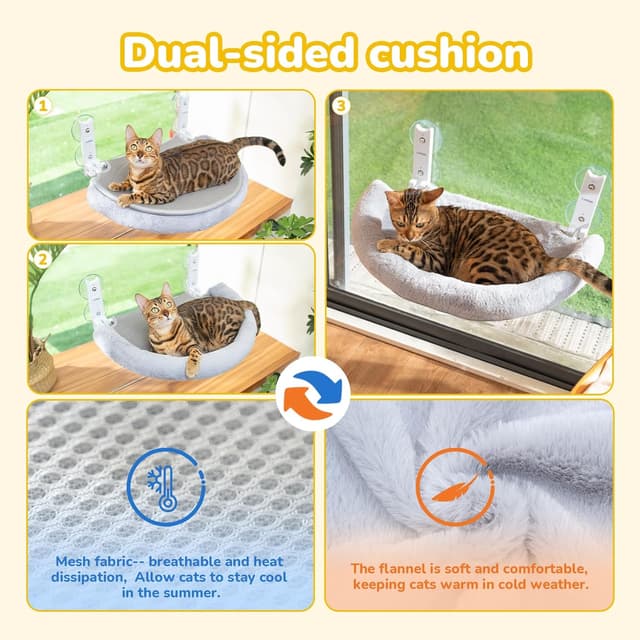 Detalle de CATISM Foldable Cat Window Hammock with Reinforced Frame and Suction Cup – Semicircular Grey