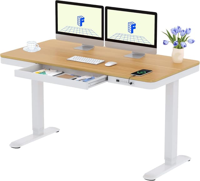 Detalle de FLEXISPOT Q3 Electric Standing Desk (Maple, 140 × 70 cm) with Drawer & USB charging