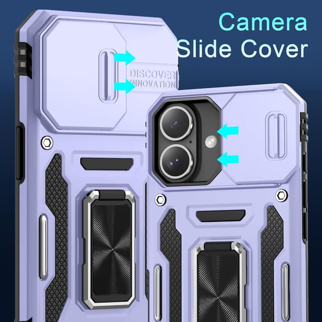 Detalle de DEERLAMN Case for iPhone 17 6.3-Inch with Slide Camera Cover, Ring Kickstand & Screen Protector (2 Packs) - Light Purple