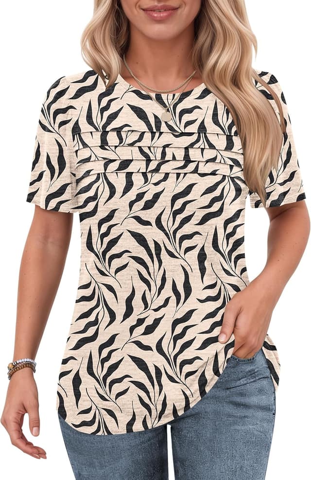 Detalle de PLMOKEN T-shirt femme col rond plissé manches courtes, haut d’été fluide