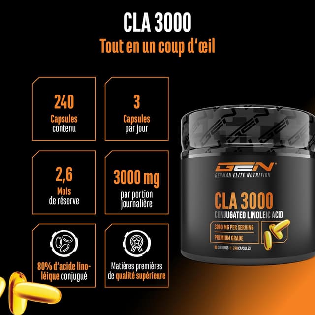 Detalle de CLA 240 gélules 1000 mg (3000 mg/jour) – Acide Linoléique Conjugué pur – German Elite Nutrition