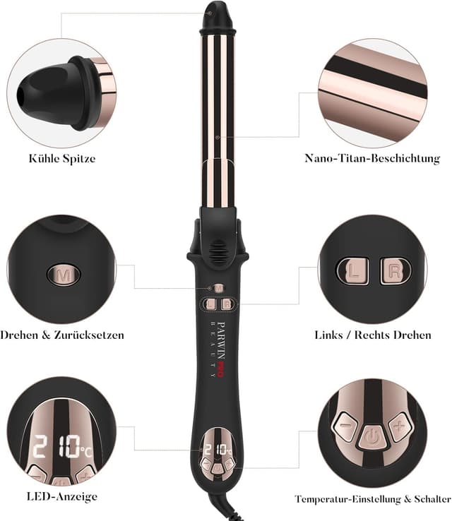 Detalle 2 de PARWIN PRO BEAUTY automatischer 360° Rotierender Lockenstab mit LCD, 25 mm, Nano-Titan-Beschichtung – 120–210 °C