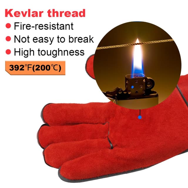 Detalle de AUAUY Heat-Resistant Long Leather Gauntlets – protective fire gloves for welding, BBQ, oven & fireplace use (red)
