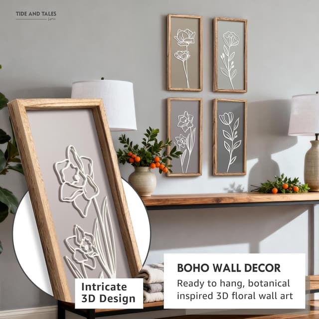 Thumbnail 1 de 3D Wooden Floral Wall Art Set of 4 🖼