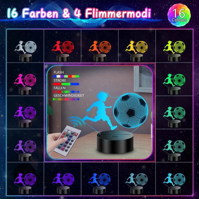 Detalle de Polemera 3D Fußball-Nachtlicht für Jungen (16 Farben) mit Fernbedienung