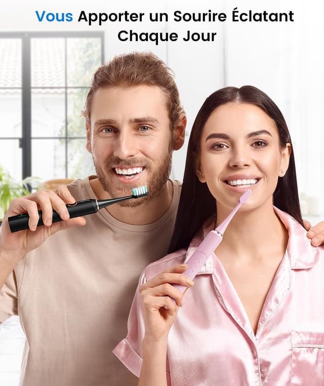 Thumbnail 6 de Brosse à dents électrique sonique adultes (lot de 2) — 5 modes, 10 têtes de brosse et étui de voyage, étanche IPX7