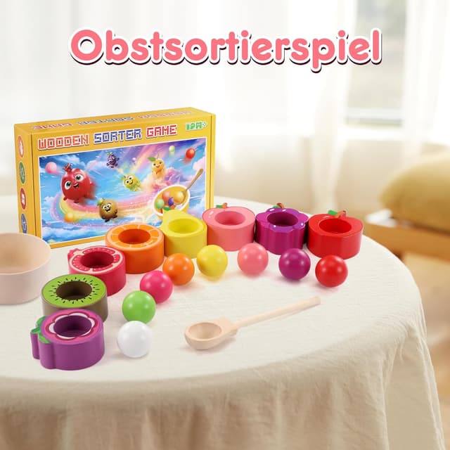 Detalle 2 de Montessori Obstsortierspielzeug aus Holz (ab 1, 2 und 3 Jahren) – Farbsortierung & Zählen