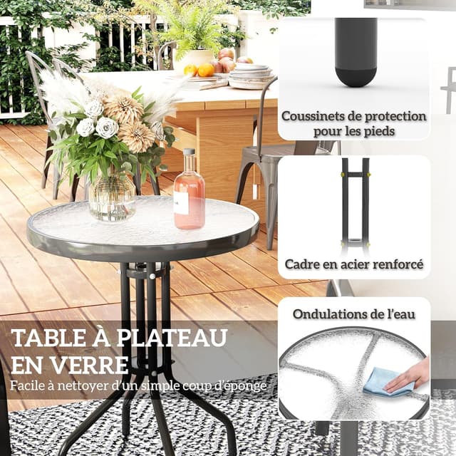 Detalle de Ensemble Outsunny 3 pièces pour salon extérieur : 2 fauteuils empilables + table basse en verre trempé (gris clair)