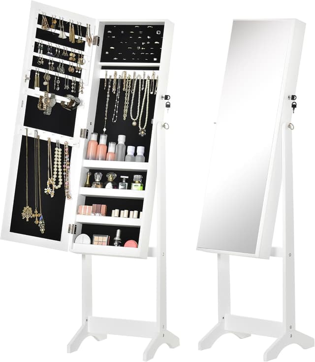 Detalle de HOMCOM Espejo Joyero de Pie 46x36,5x151,5 cm Blanco