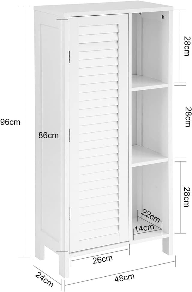 Detalle de SoBuy Meuble de salle de bain haut BZR39-W : armoire étroite blanche avec porte lamellée et 3 étagères