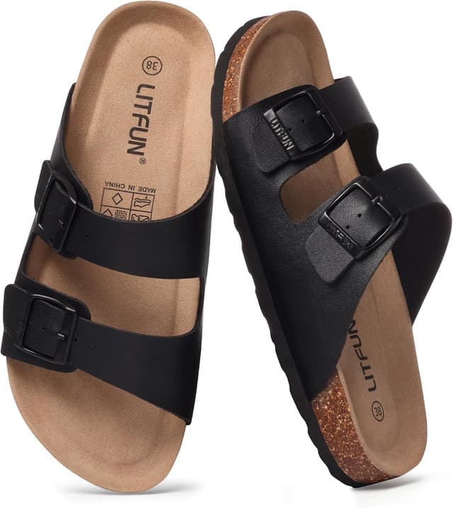 Detalle 2 de Litfun Damen Pantoletten Sandale mit Korkfußbett und verstellbarer Schnalle