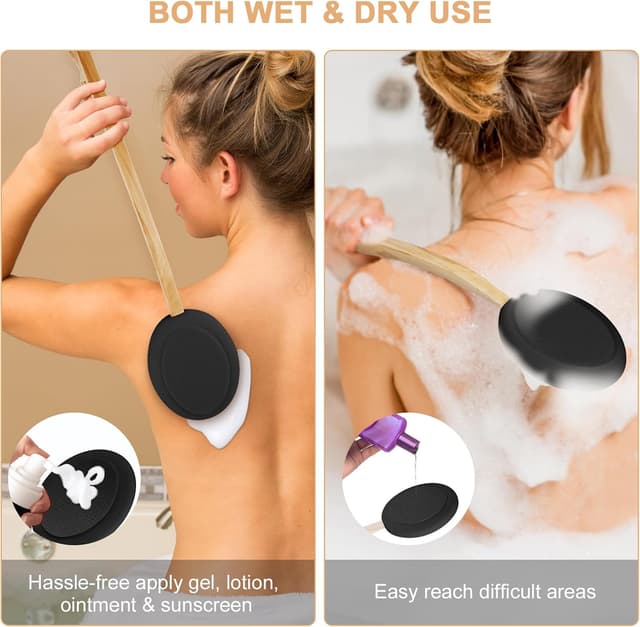 Detalle de URAQT Back Cream Applicator (7-pack) long wooden handle body brush for lotion, shower and hard-to-reach areas