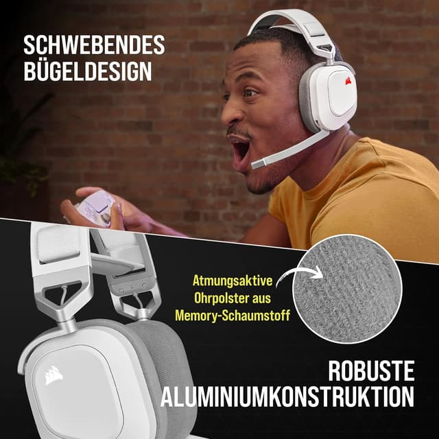 Detalle 2 de Corsair HS80 RGB Wireless Multiplattform Gaming-Headset (Dolby Atmos, iCUE, omnidirektionales Mikrofon) in Weiß