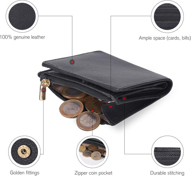 Detalle de Women’s full grain leather RFID small wallet (Nappa Black) – bifold coin purse & card/ID holder