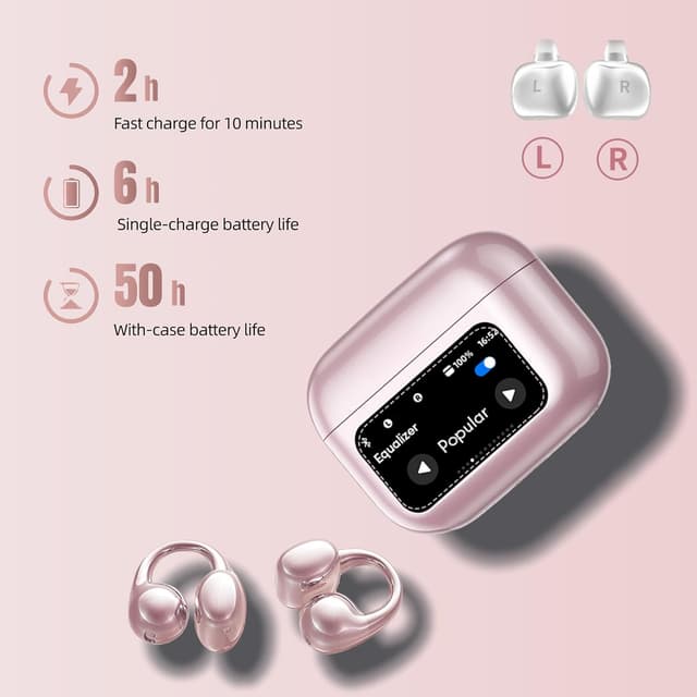 Detalle 2 de Otinsile Open Ear Clip-On Earbuds with Bluetooth 6.0 and LCD Touch Case (Rose Gold)
