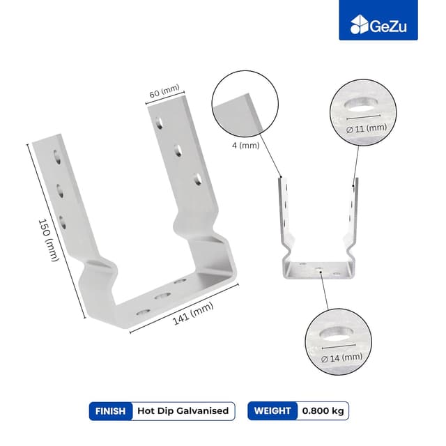 Detalle de GeZu Impex support de poteau en U galvanisé à chaud 141 x 150 mm avec striures pour platines bois