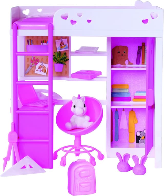 Detalle 2 de Simba Evi Love chambre mini avec lit mezzanine et bureau, poupée 12 cm