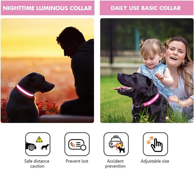 Detalle de MASBRILL leuchtendes, aufladbares LED-Hundehalsband (wasserdicht) mit 3 Modi – Rosa, S