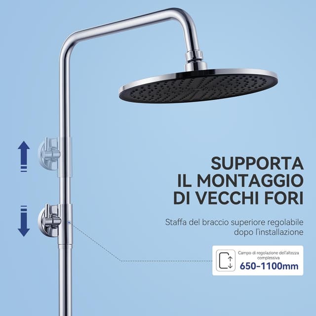 Detalle de AuraLum Auralum Colonna Doccia senza miscelatore con set doccia 25 cm, saliscendi regolabile e 4 getti (cromo)