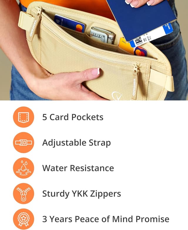 Detalle de Vantamo Bauchtasche Damen/Herren ultraflach mit RFID-Schutz – Gürteltasche für Reisen, Laufen & Wandern, 2 Fächer