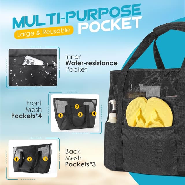 Detalle de XXL Strandtasche für Damen: Strandtasche XXL Familie mit Reißverschluss, 9 Fächer (ca. 35 Liter), 47×20,5×34,5 cm